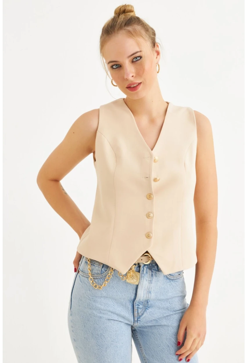 Kadın Vanilya Düğme Detaylı Astarlı Yelek SGT410