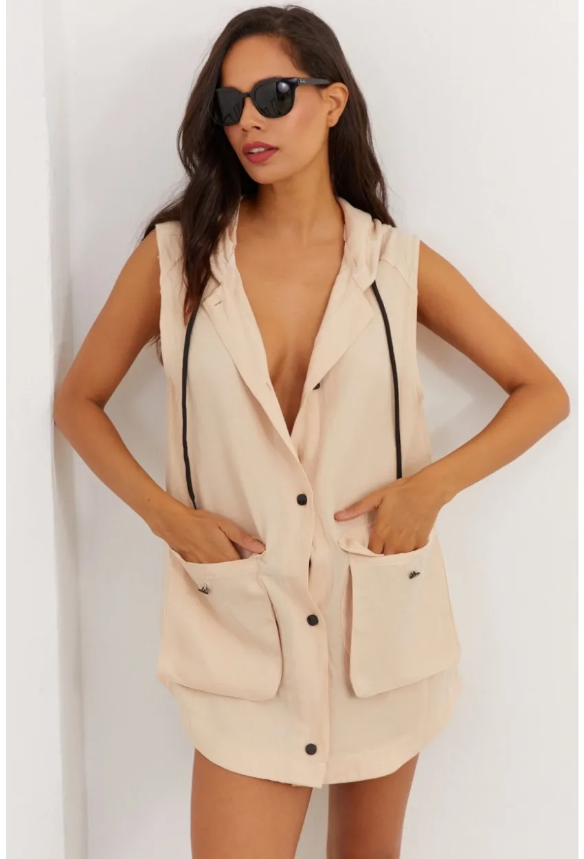 Kadın Vanilya Kapüşonlu Yelek RML06