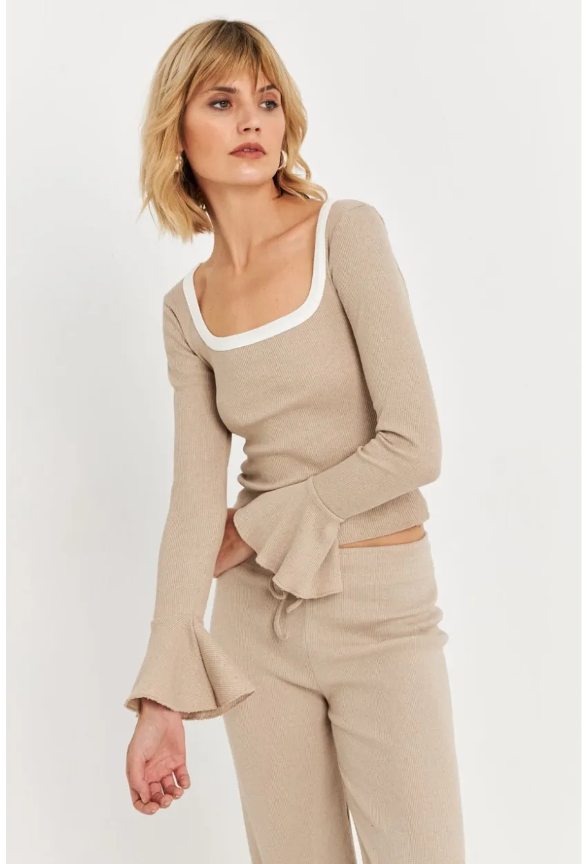 Kadın Vanilya Kontrast Yaka İspanyol Kol Bluz ALB3105