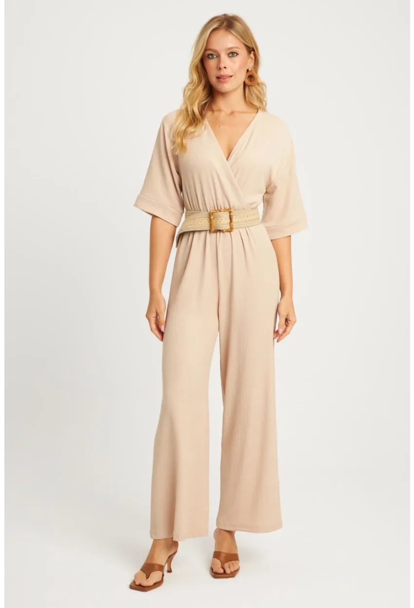 Kadın Vanilya Kruvaze Kemerli Bürümcük Tulum XL2009