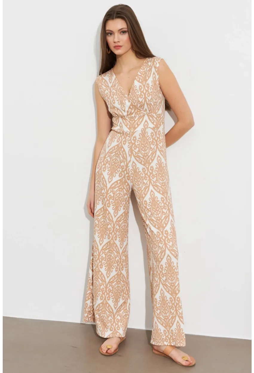 Kadın Vanilya Kruvaze Yaka Desenli Bürümcük Tulum MP430