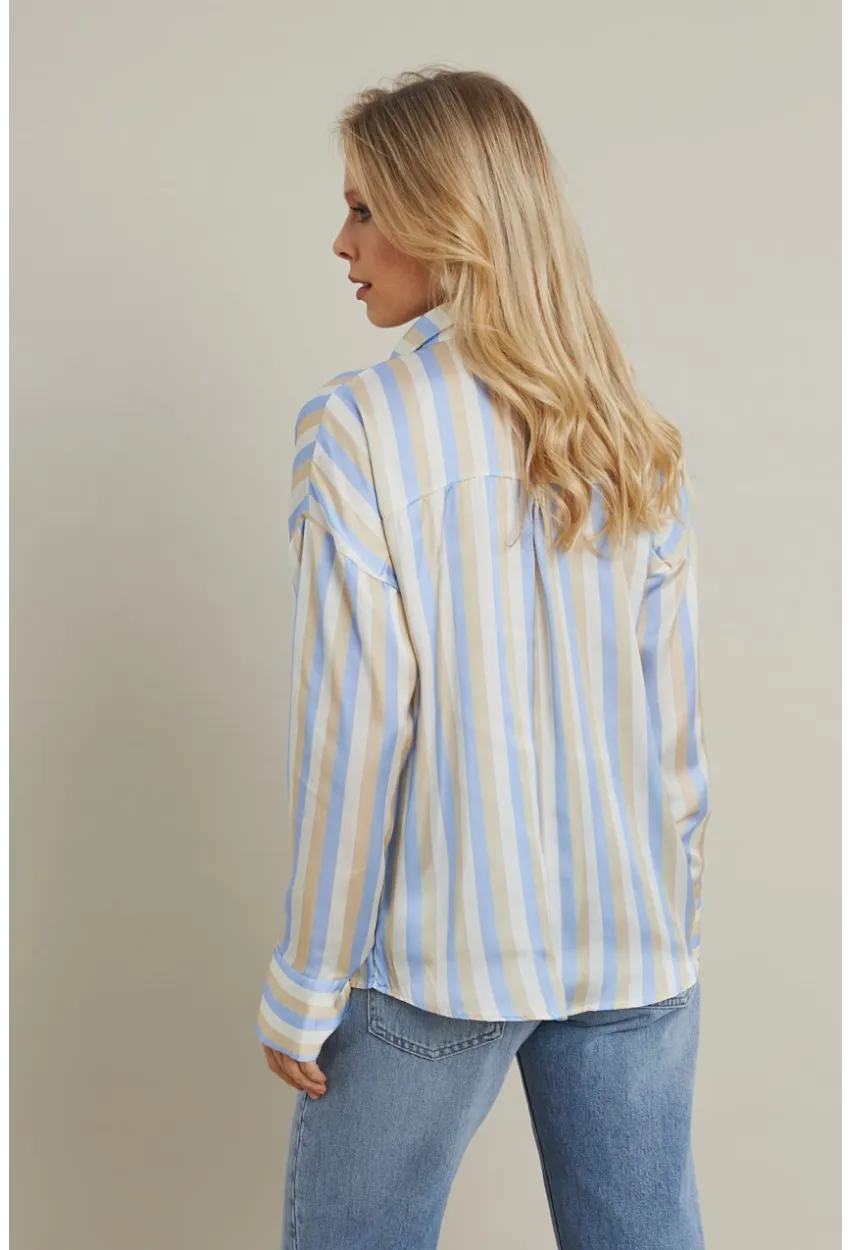 Kadın Vanilya-Mavi Desenli Saten Gömlek MSHR9