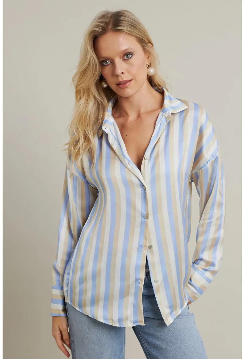 Kadın Vanilya-Mavi Desenli Saten Gömlek MSHR9