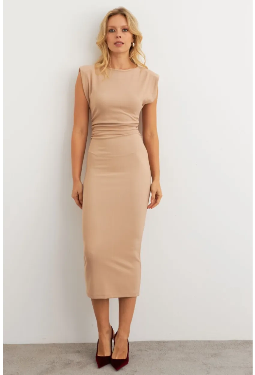 Kadın Vanilya Omuzları Vatkalı Drape Maxi Elbise KED4252