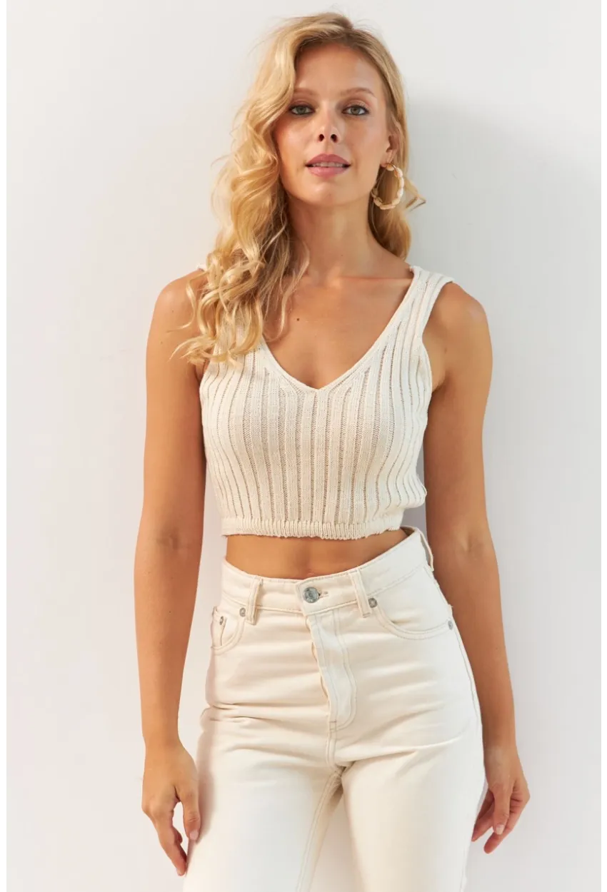 Kadın Vanilya Ön Arka V Triko Crop Bluz MP20136