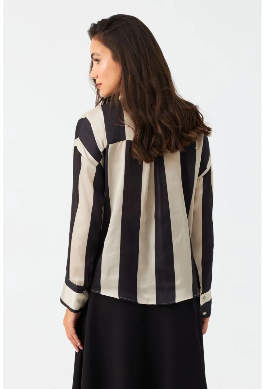 Kadın Vanilya-Siyah Desenli Saten Gömlek MSHR500