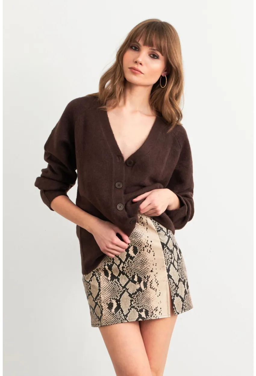 Kadın Vanilya-Siyah Suni Deri Yılan Desenli Mini Etek NH24475