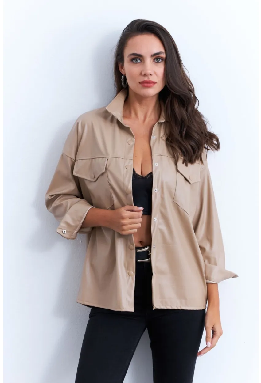 Kadın Vanilya Suni Deri Gömlek HO56