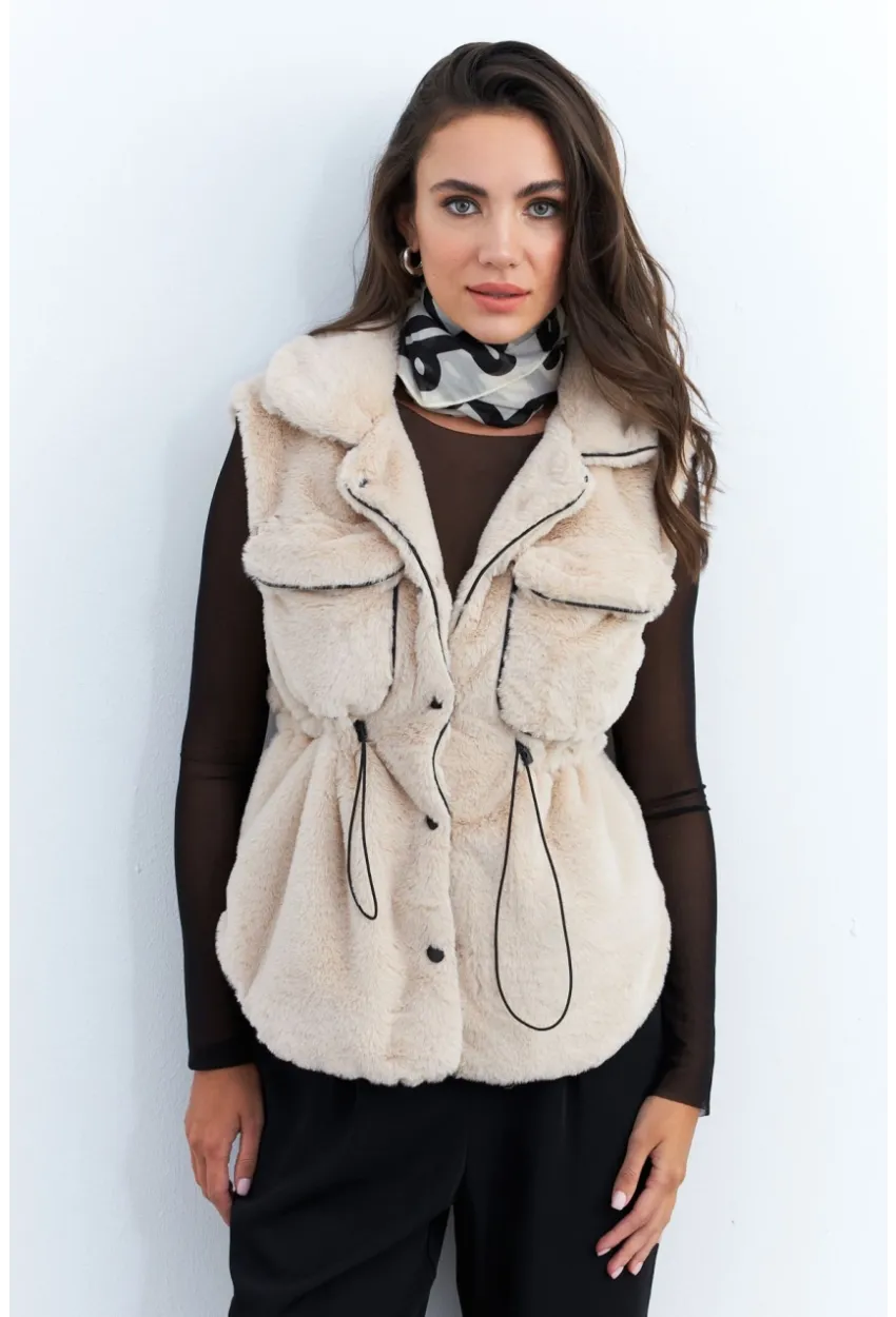 Kadın Vanilya Suni Kürk Cepli Yelek MK66