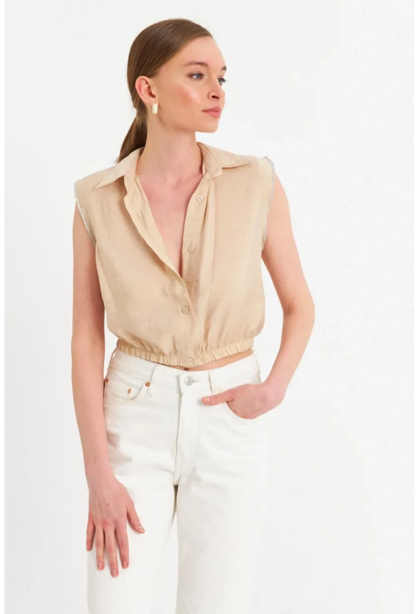 Kadın Vanilya Taş Detaylı Crop Gömlek SUN200