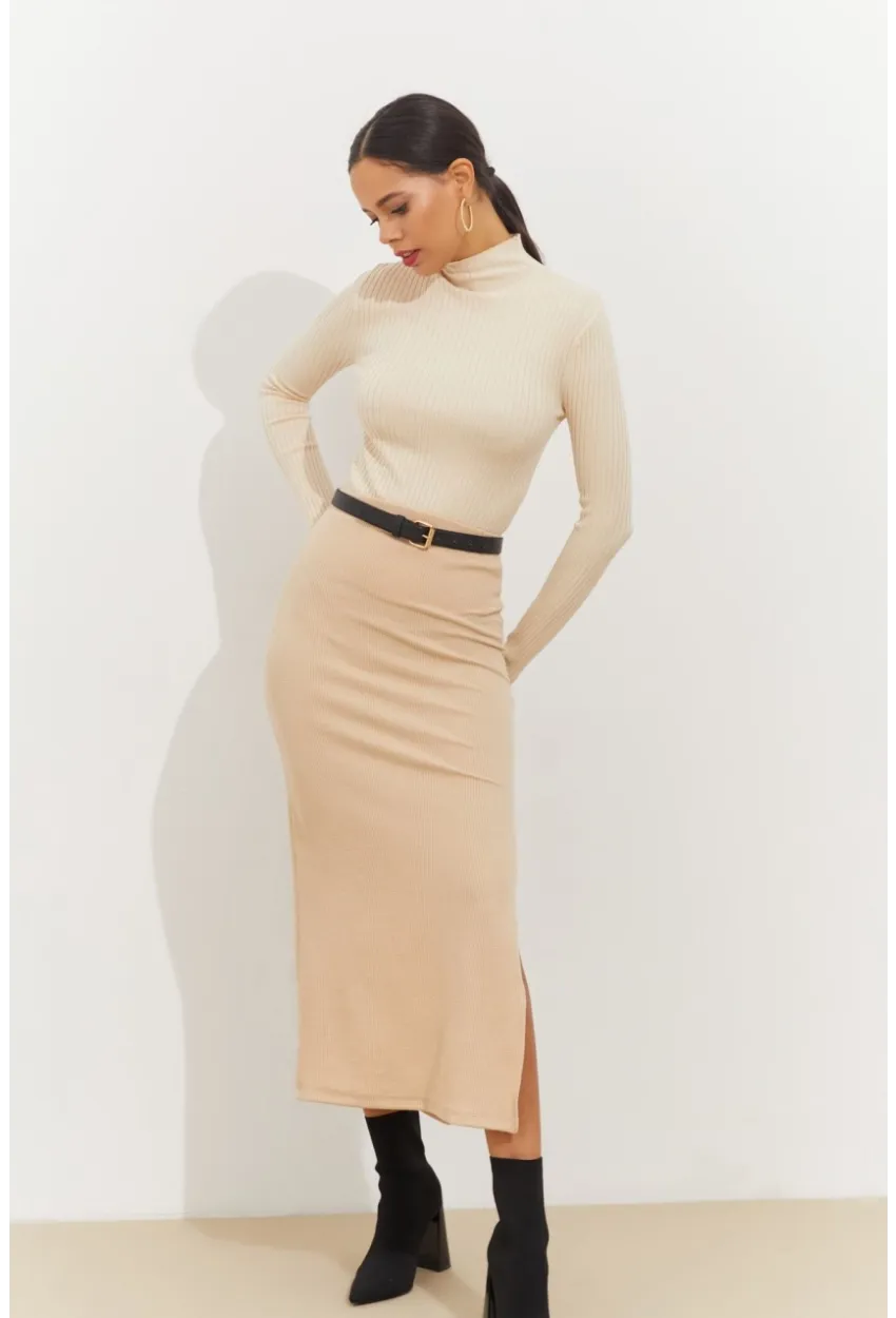 Kadın Vanilya Yandan Yırtmaçlı Midi Etek BK1600
