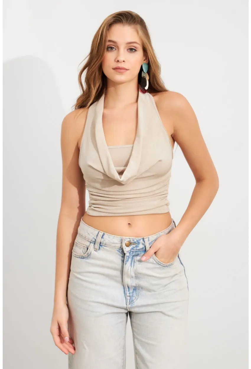 Kadın Vanilya Zincir Aksesuarlı Degaje Yaka Bluz MTK13443