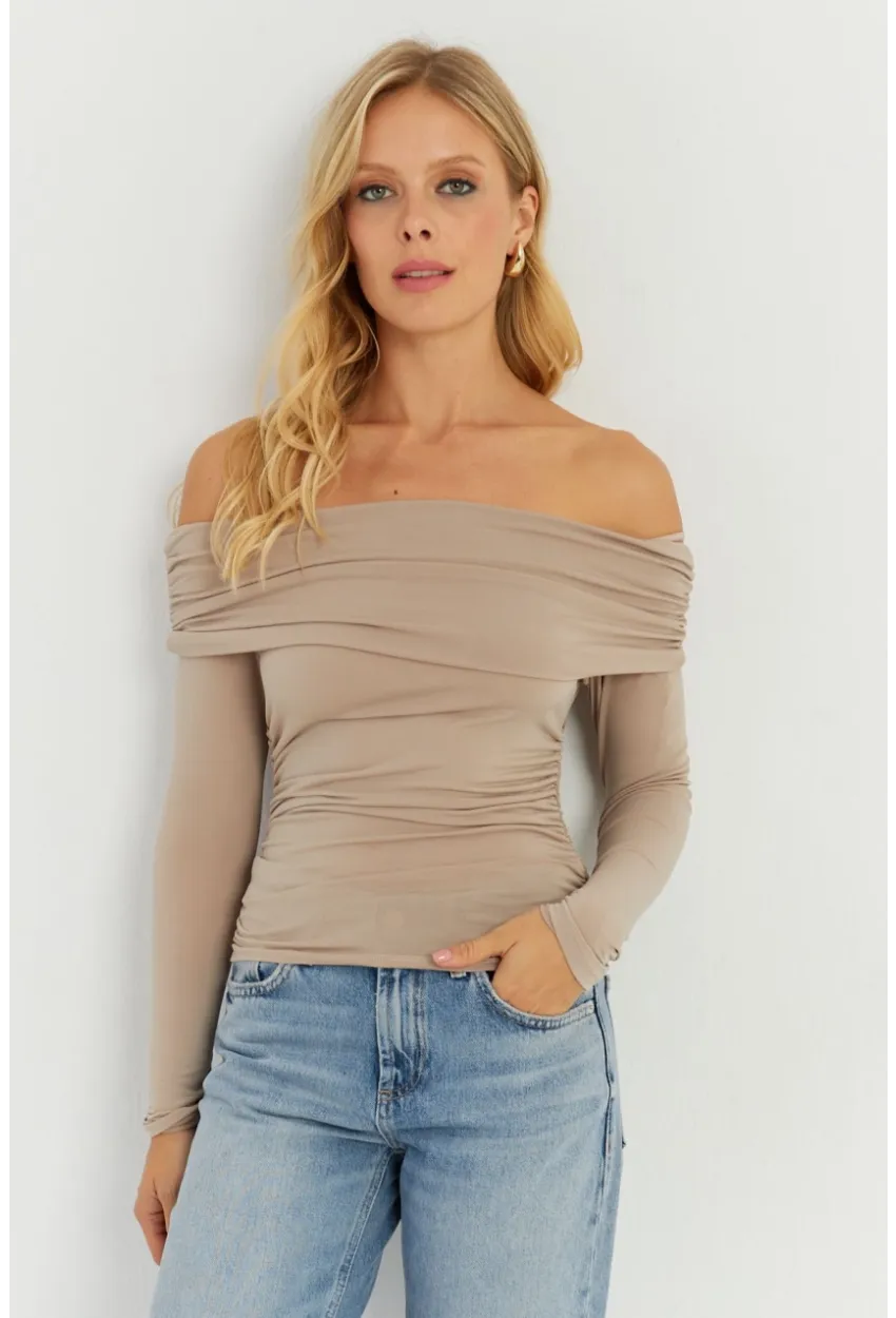 Kadın Vizon Büzgülü Madonna Bluz MON1119