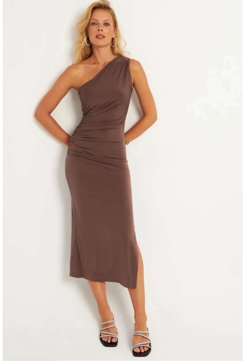 Kadın Vizon Büzgülü Yırtmaçlı Midi Elbise MON134