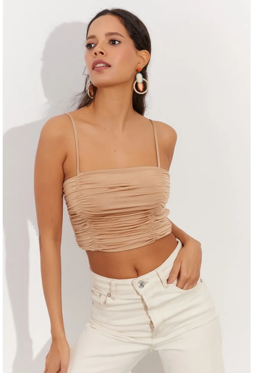 Kadın Vizon Drapeli Crop Bluz LPP1216