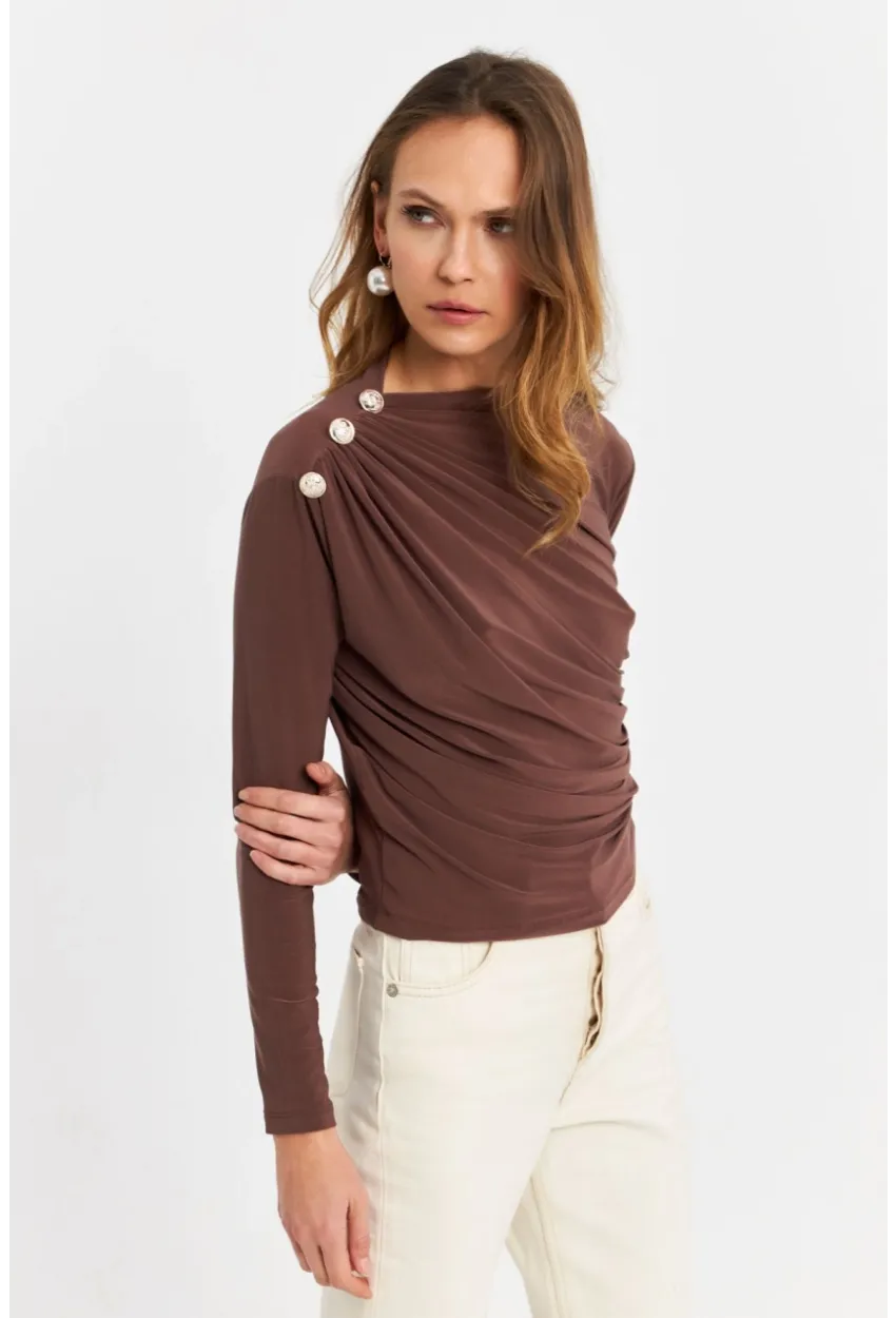 Kadın Vizon Düğme Detaylı Büzgülü Bluz LPP1223-1