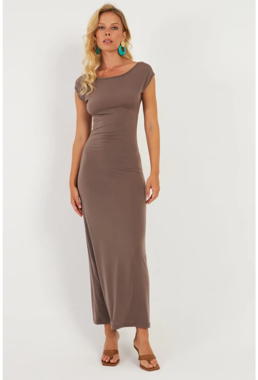 Kadın Vizon Sırtı Açık Midi Elbise DMR345