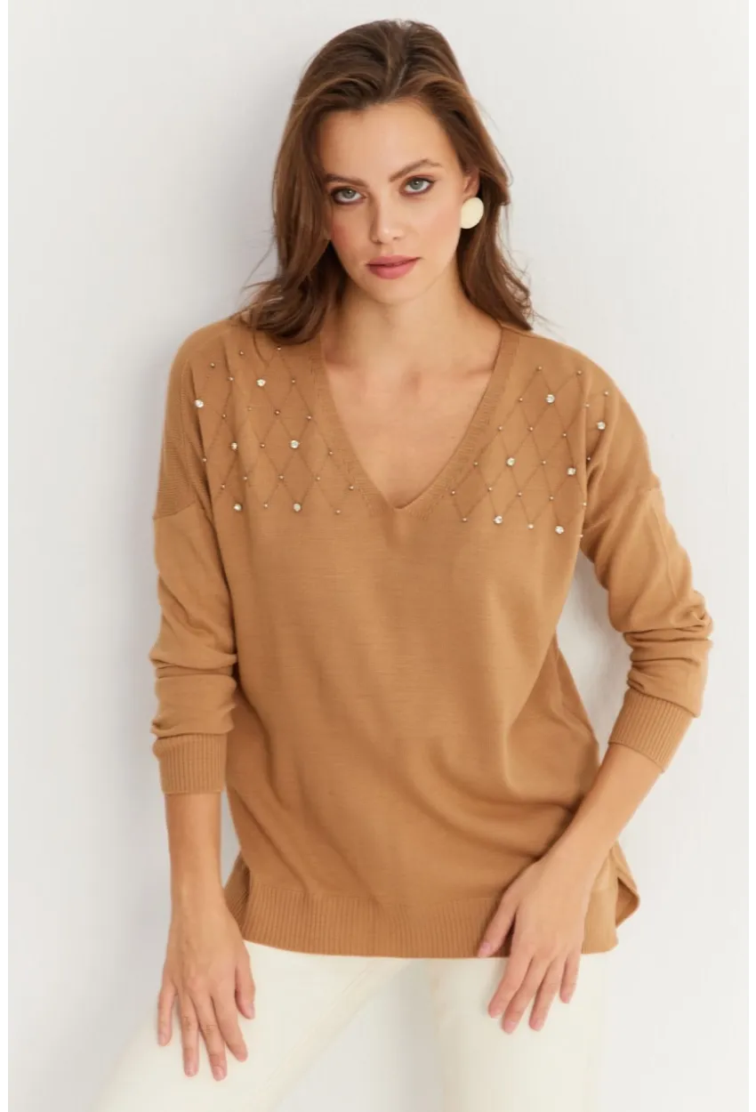 Kadın Vizon V Yaka Taşlı İnce Triko Bluz YİL002