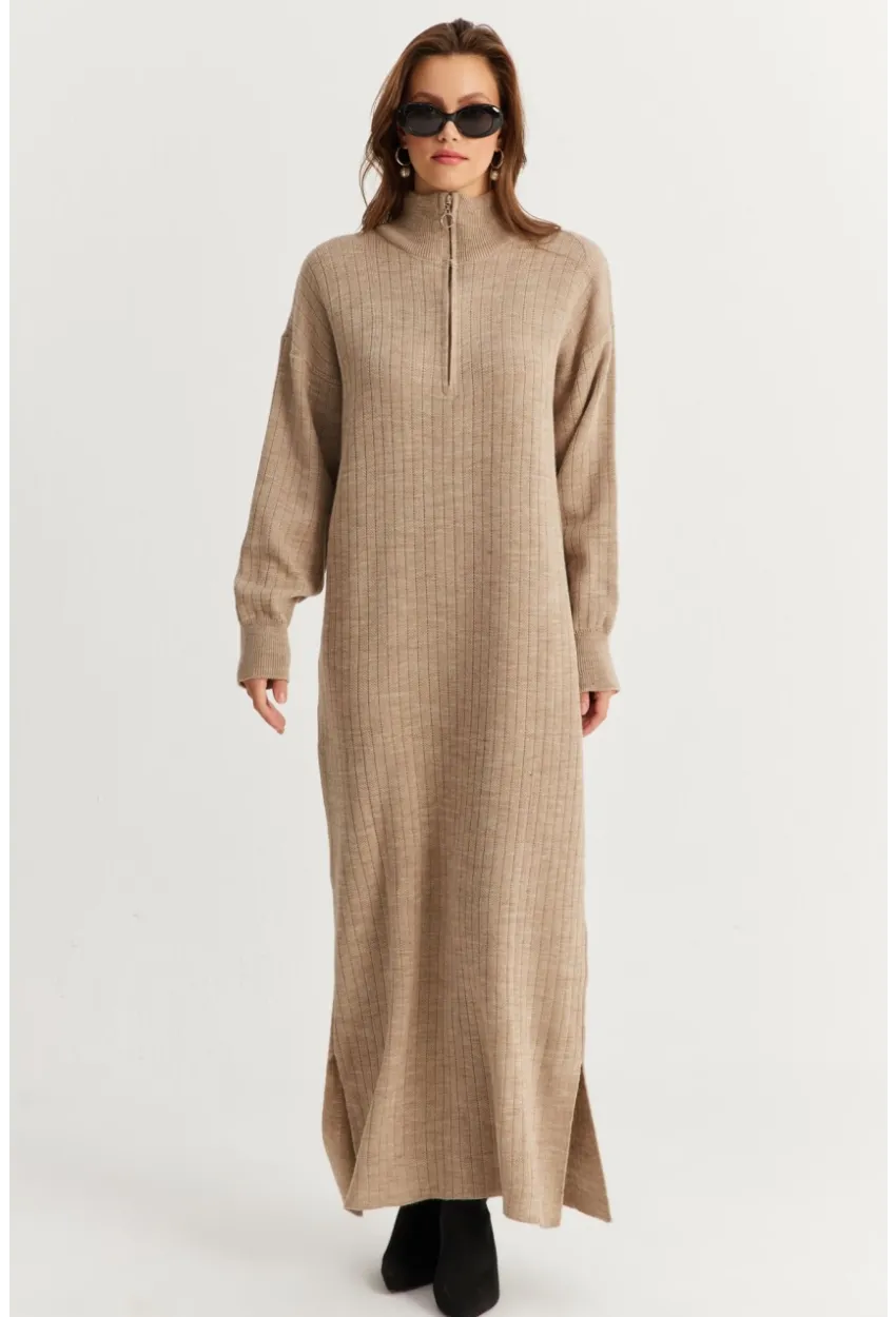 Kadın Vizon Yakası Fermuarlı Triko Maxi Elbise MNUV10