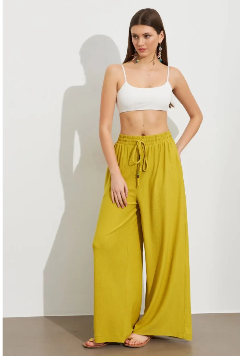 Kadın Yağ Yeşili Beli Lastikli Bürümcük Pantolon ROP105