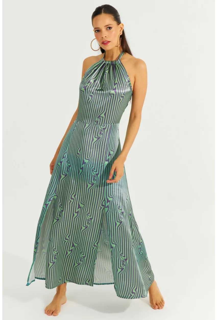 Kadın Yeşil Boyun Bağlamalı Sırtı Gipeli Maxi Elbise BK1664