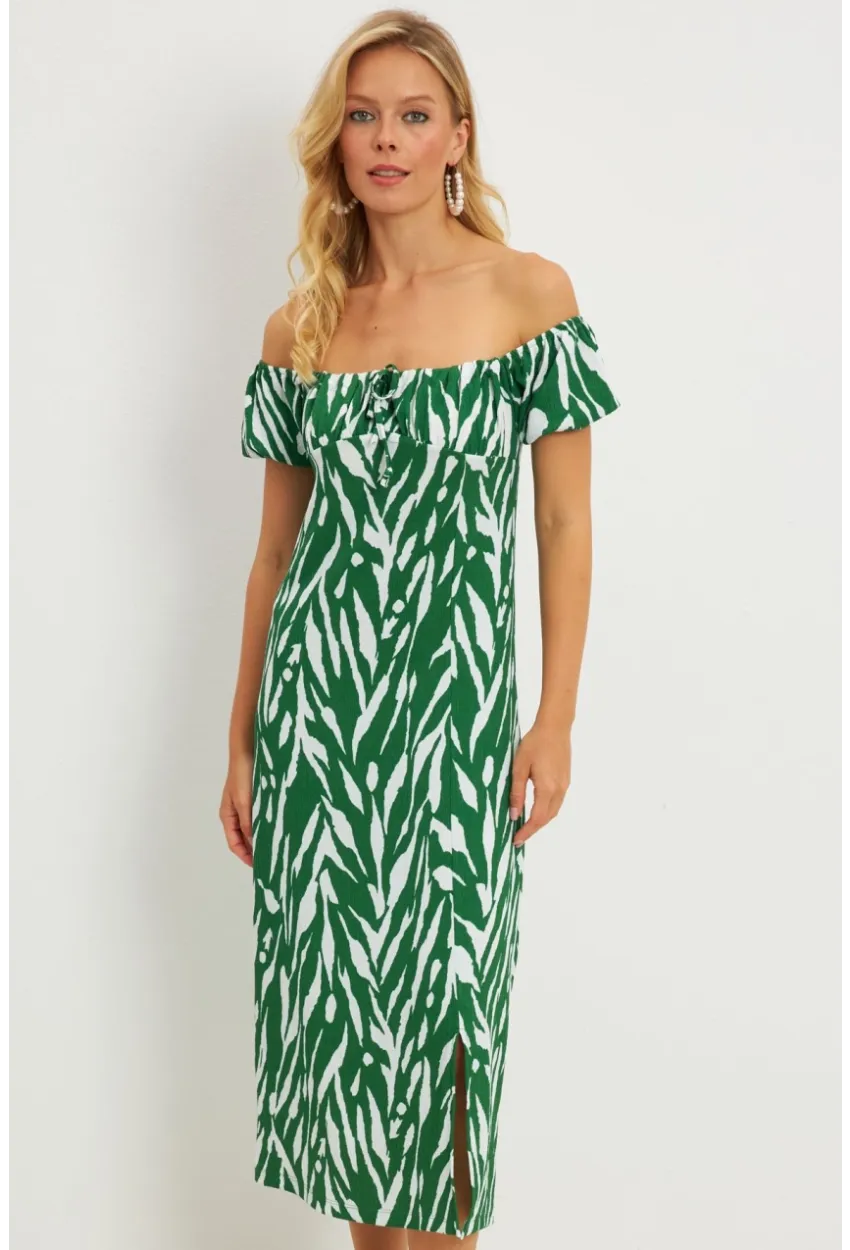 Kadın Yeşil Bürümcük Büzgülü Midi Elbise DY105