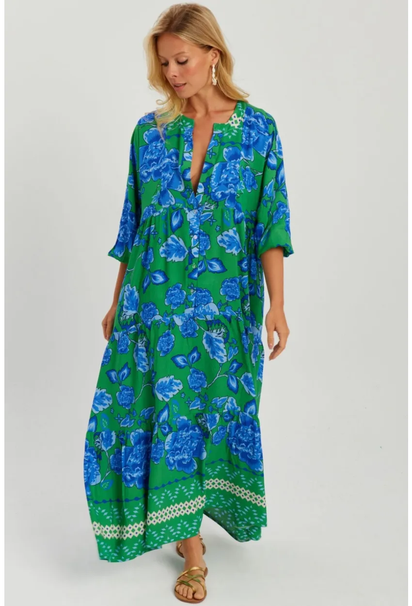 Kadın Yeşil Çiçekli Salaş Maxi Elbise Q989