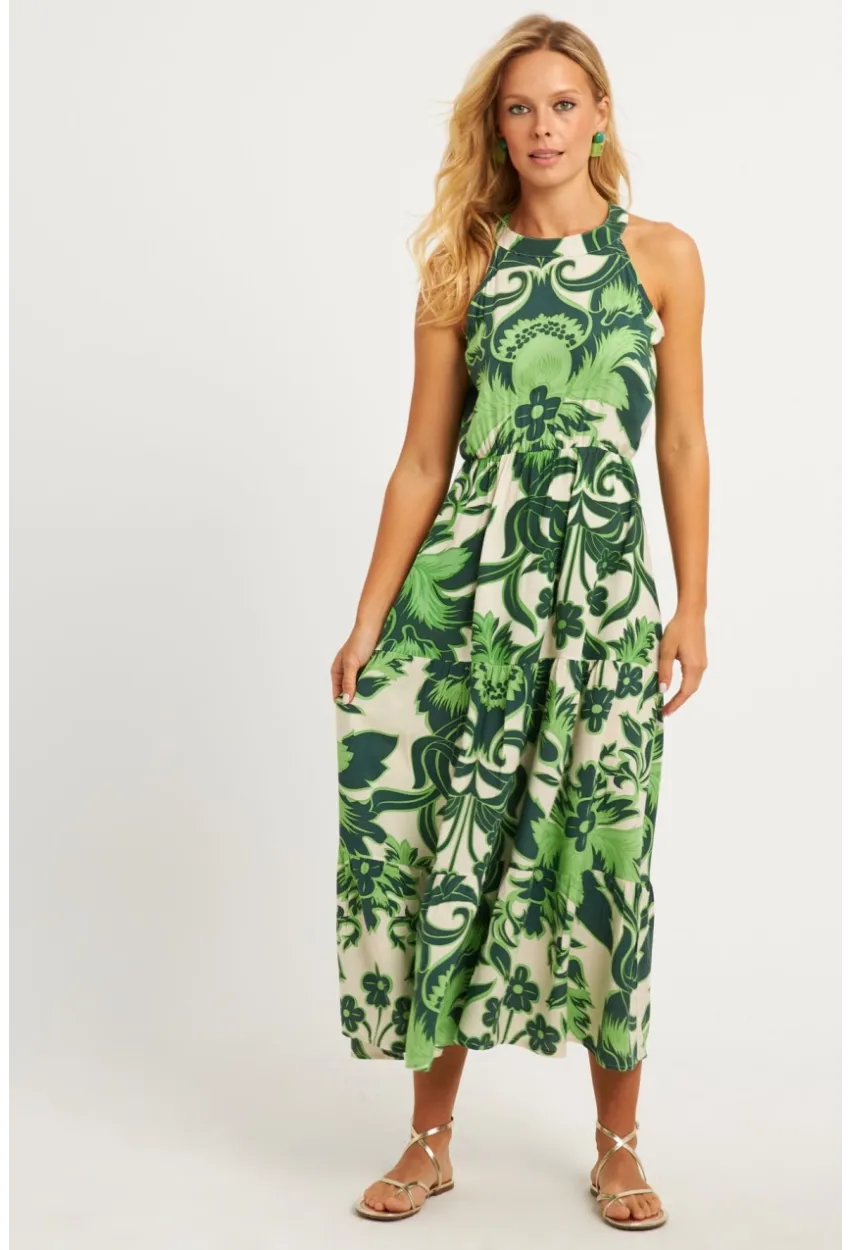 Kadın Yeşil Desenli Midi Elbise YZ1107