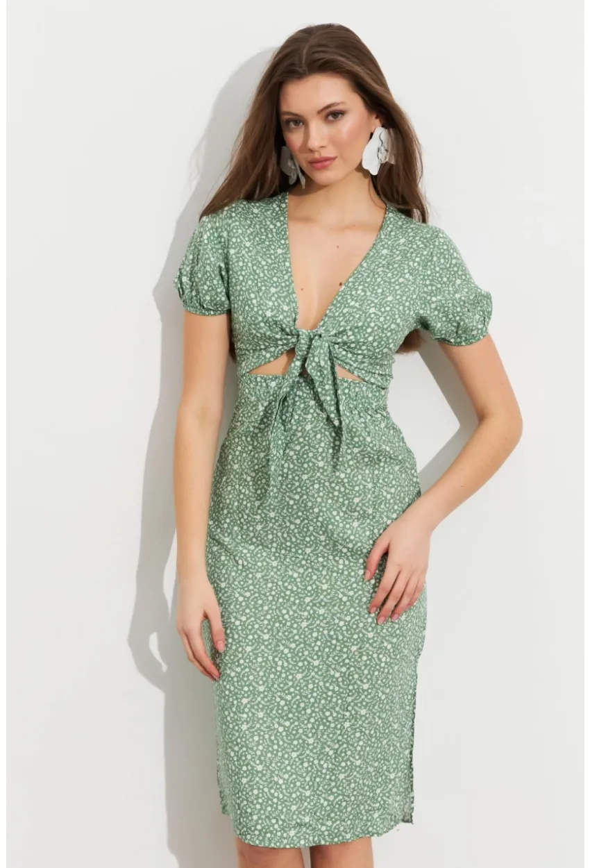 Kadın Yeşil Desenli Pencereli Midi Elbise Q1013