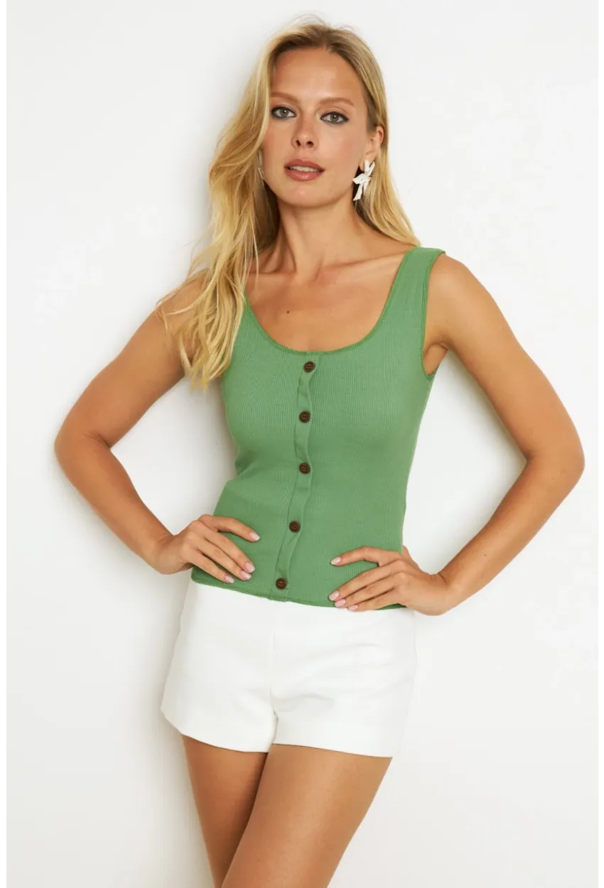 Kadın Yeşil Düğme Aksesuarlı Bluz MK14