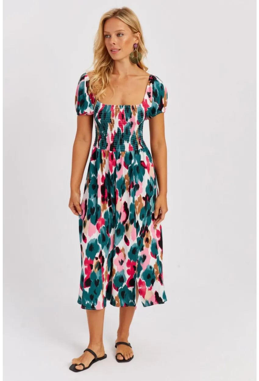 Kadın Yeşil Gipeli Desenli Midi Elbise MON126