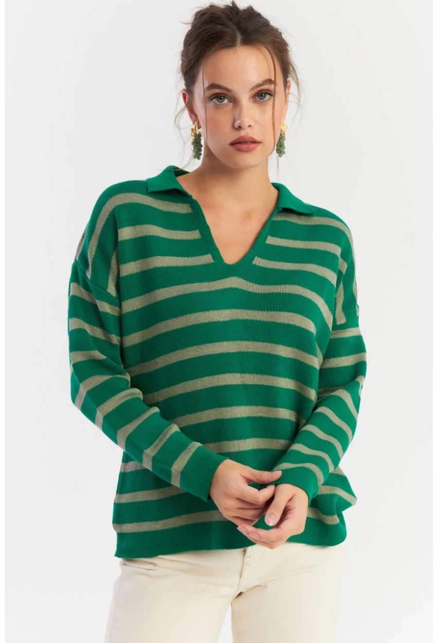 Kadın Yeşil-Gri Polo Yaka Çizgili Triko Kazak SE01