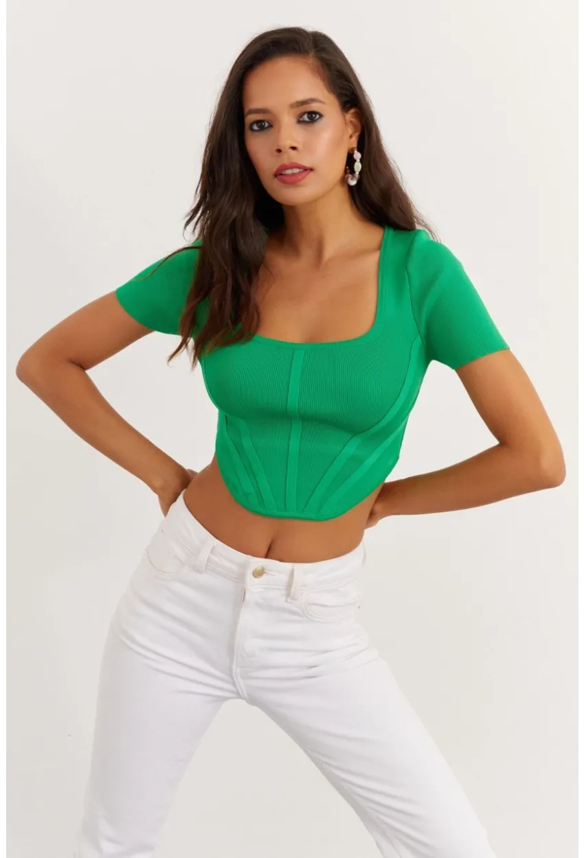 Kadın Yeşil Kare Yaka Triko Bluz TEM95