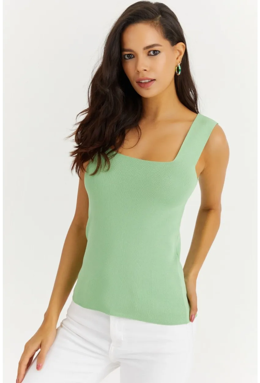 Kadın Yeşil Kare Yaka Triko Bluz YV80