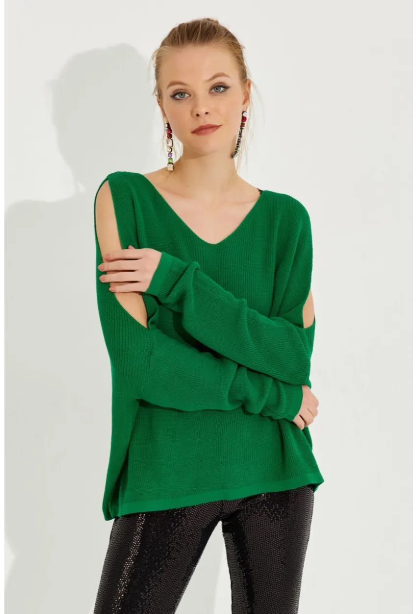 Kadın Yeşil Kolu Yırtmaçlı Triko Bluz SMT221