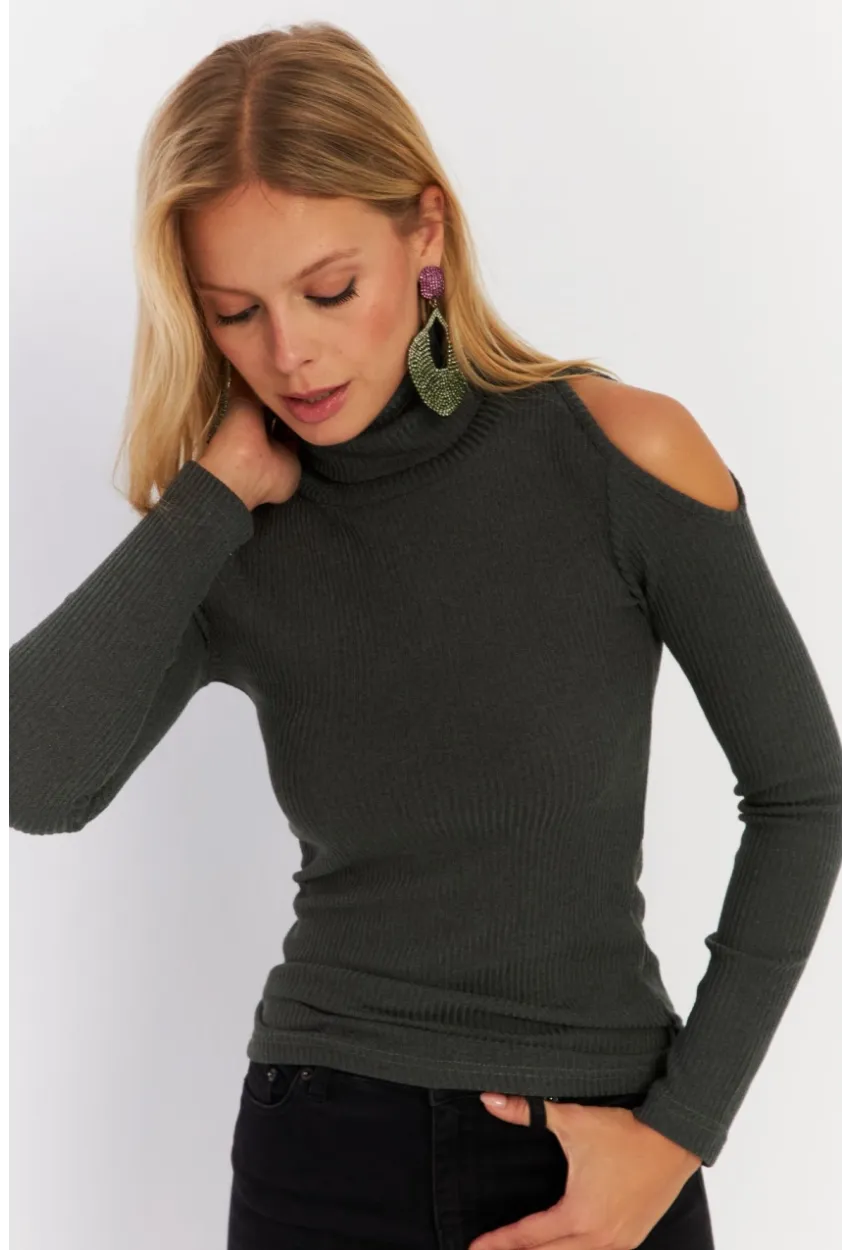 Kadın Yeşil Omuzları Açık Kaşkorse Bluz HOR04