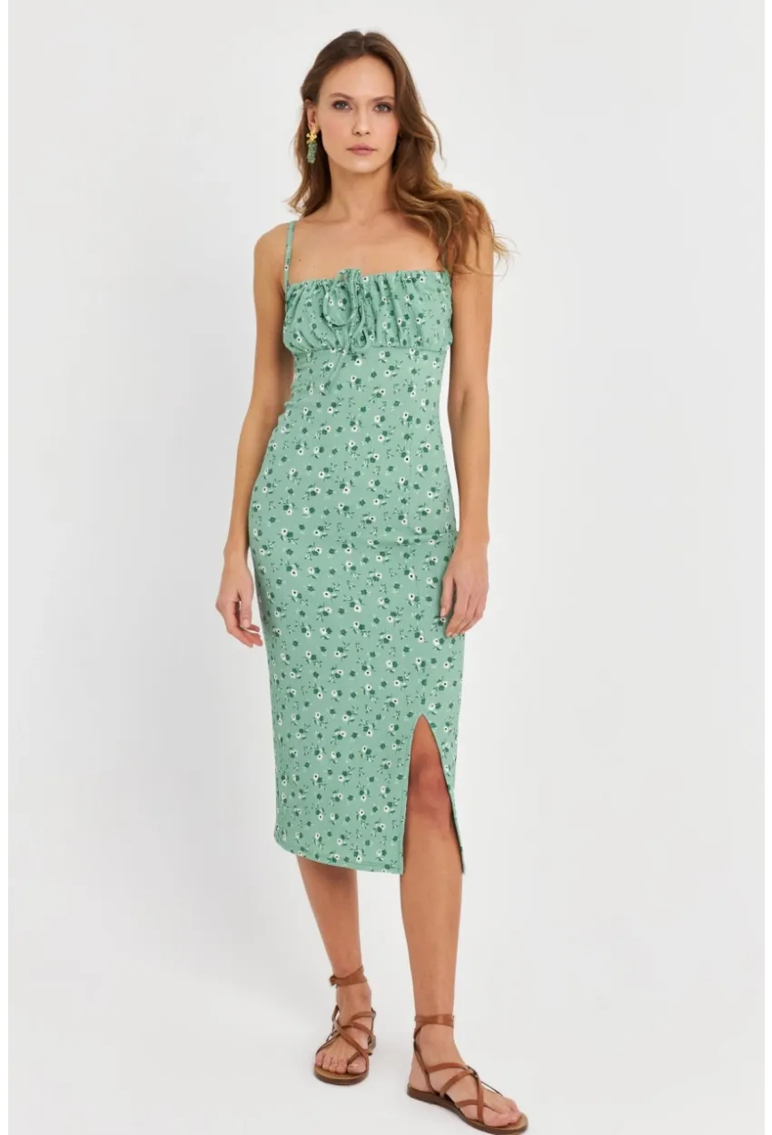 Kadın Yeşil Önü Bağlamalı Midi Elbise MTK10546