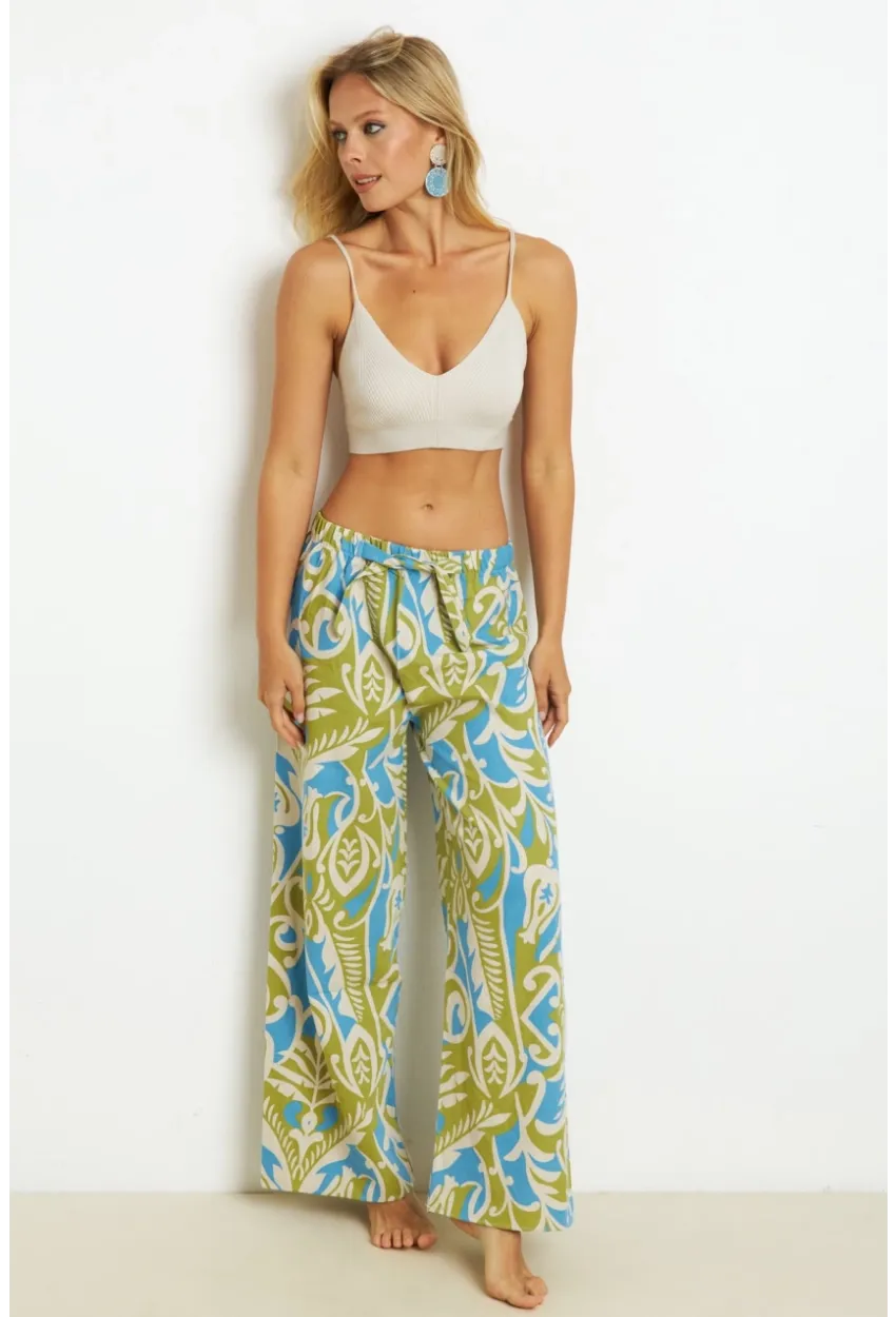 Kadın Yeşil Palozzo Desenli Keten Pantolon K1250
