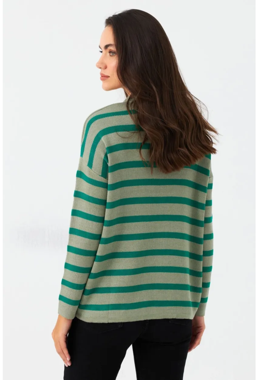 Kadın Yeşil Polo Yaka Çizgili Triko Kazak SE01