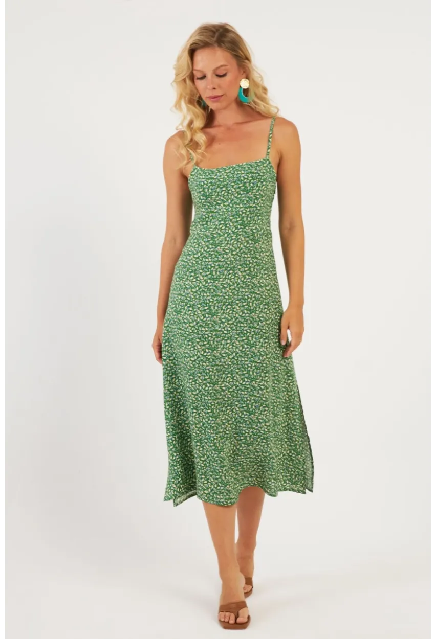 Kadın Yeşil Sırtı Gipeli Desenli Midi Elbise MP427