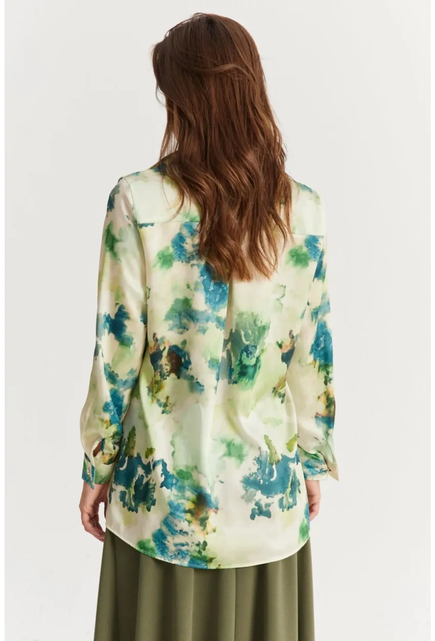 Kadın Yeşil Taş Düğmeli Desenli Gömlek MLVF9