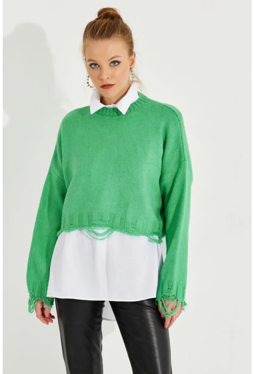 Kadın Yeşil Yırtık Detaylı Triko Kazak KZ2800