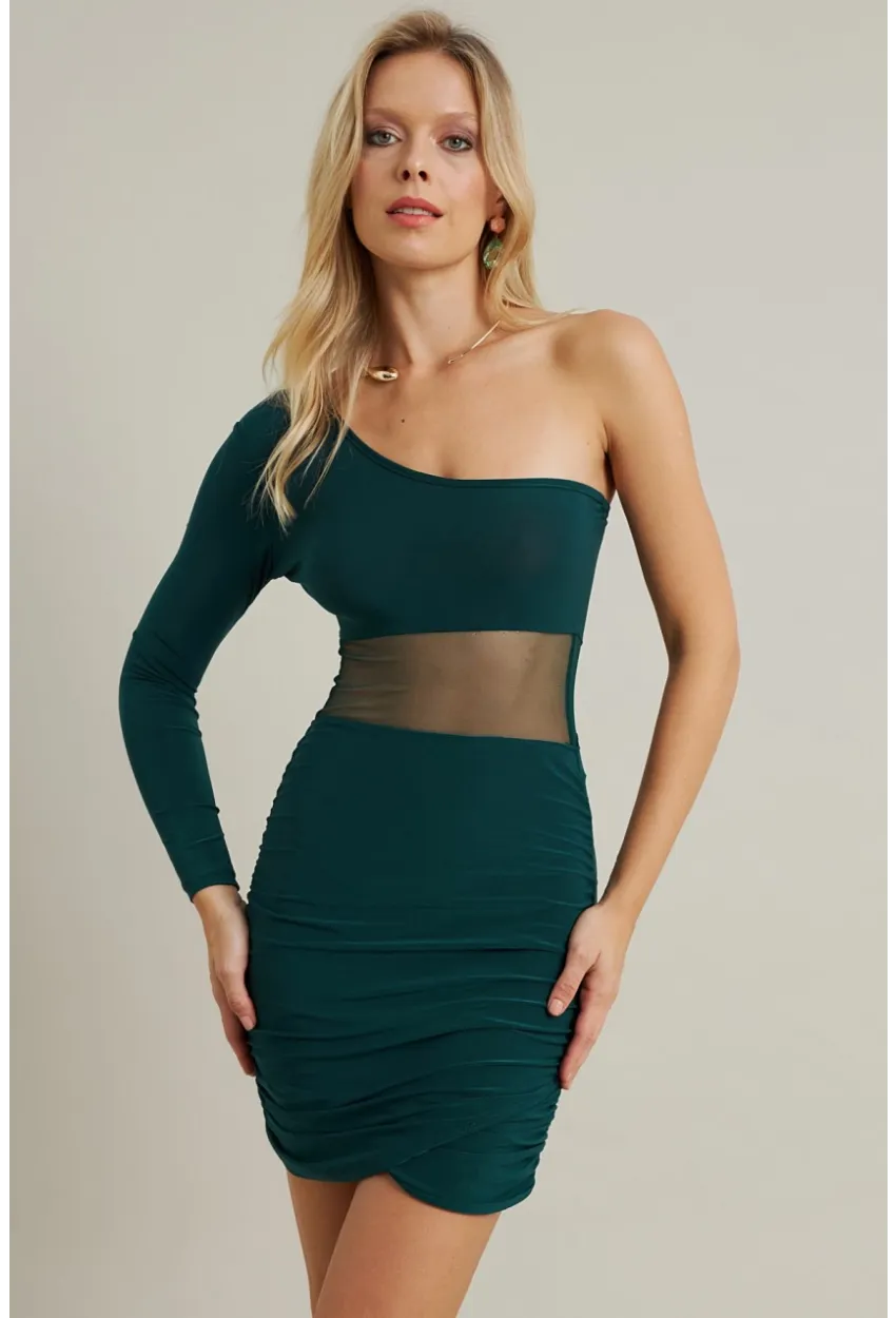 Kadın Zümrüt Yeşil Drapeli Tül Detaylı Mini Elbise ELT3850