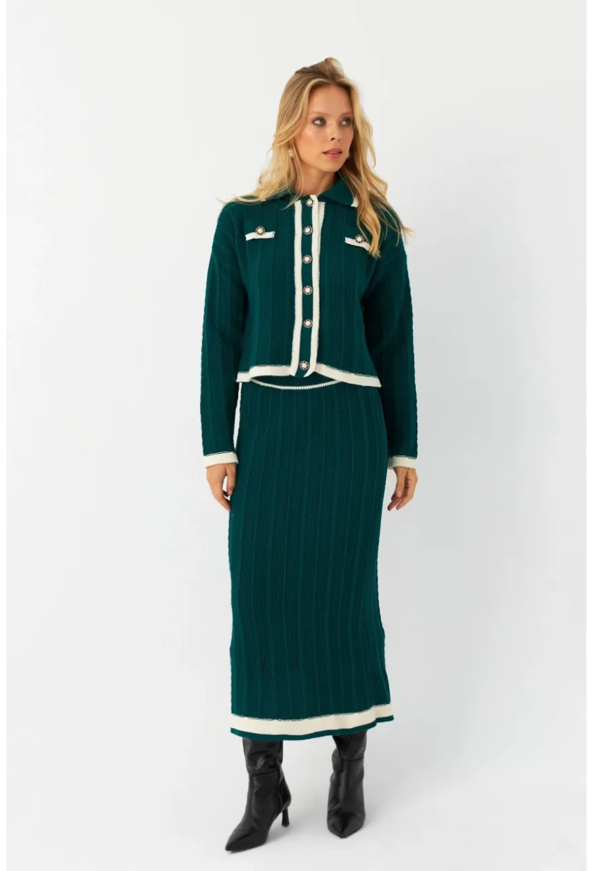 Kadın Zümrüt Yeşil İkili Alt Üst Triko Takım NUV34