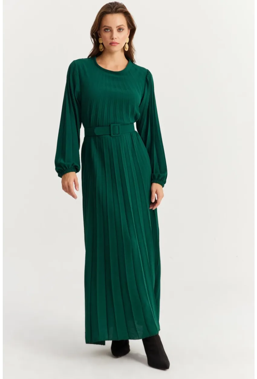 Kadın Zümrüt Yeşil Kemerli Plili Maxi Elbise ALZ500