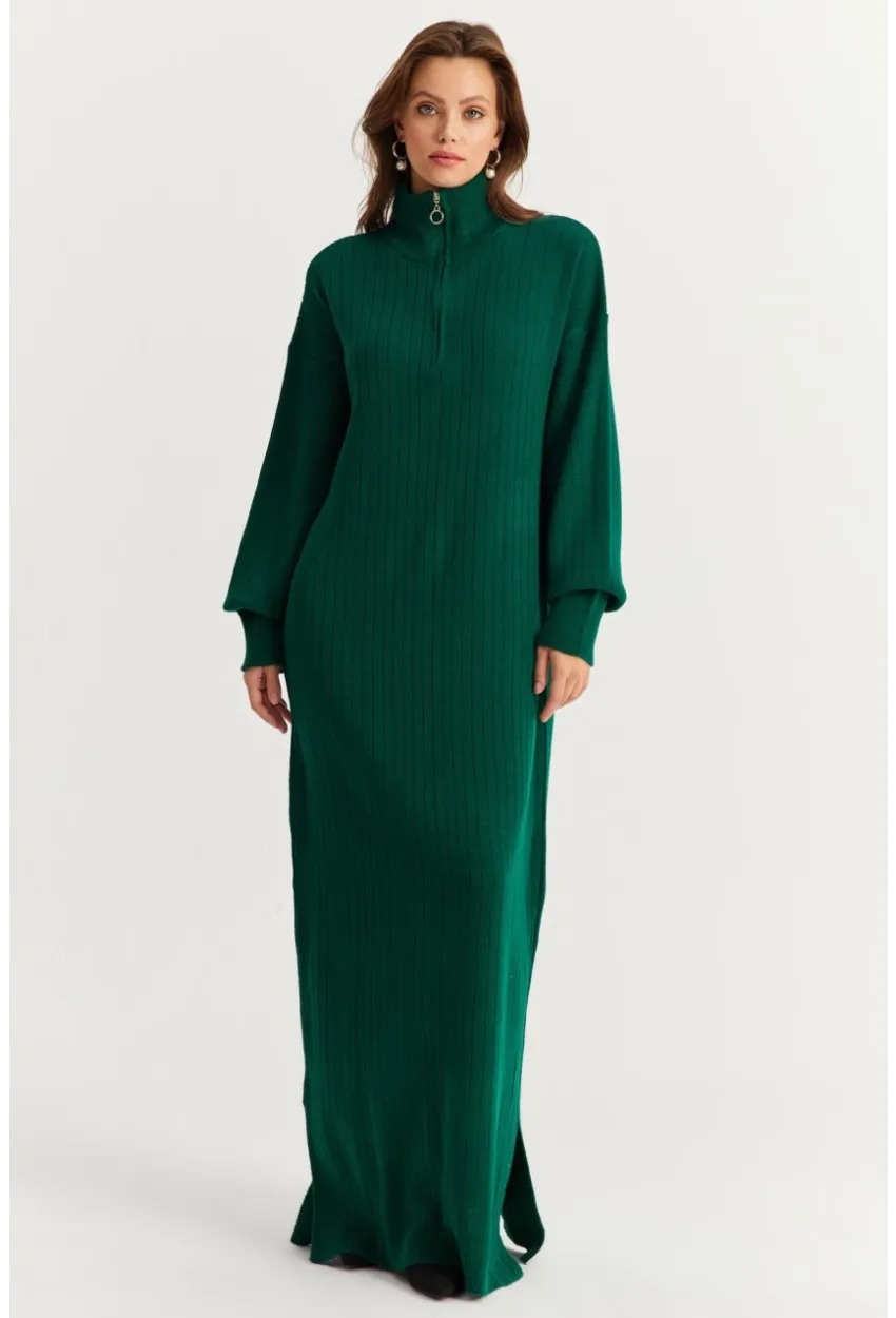 Kadın Zümrüt Yeşil Yakası Fermuarlı Triko Maxi Elbise MNUV10