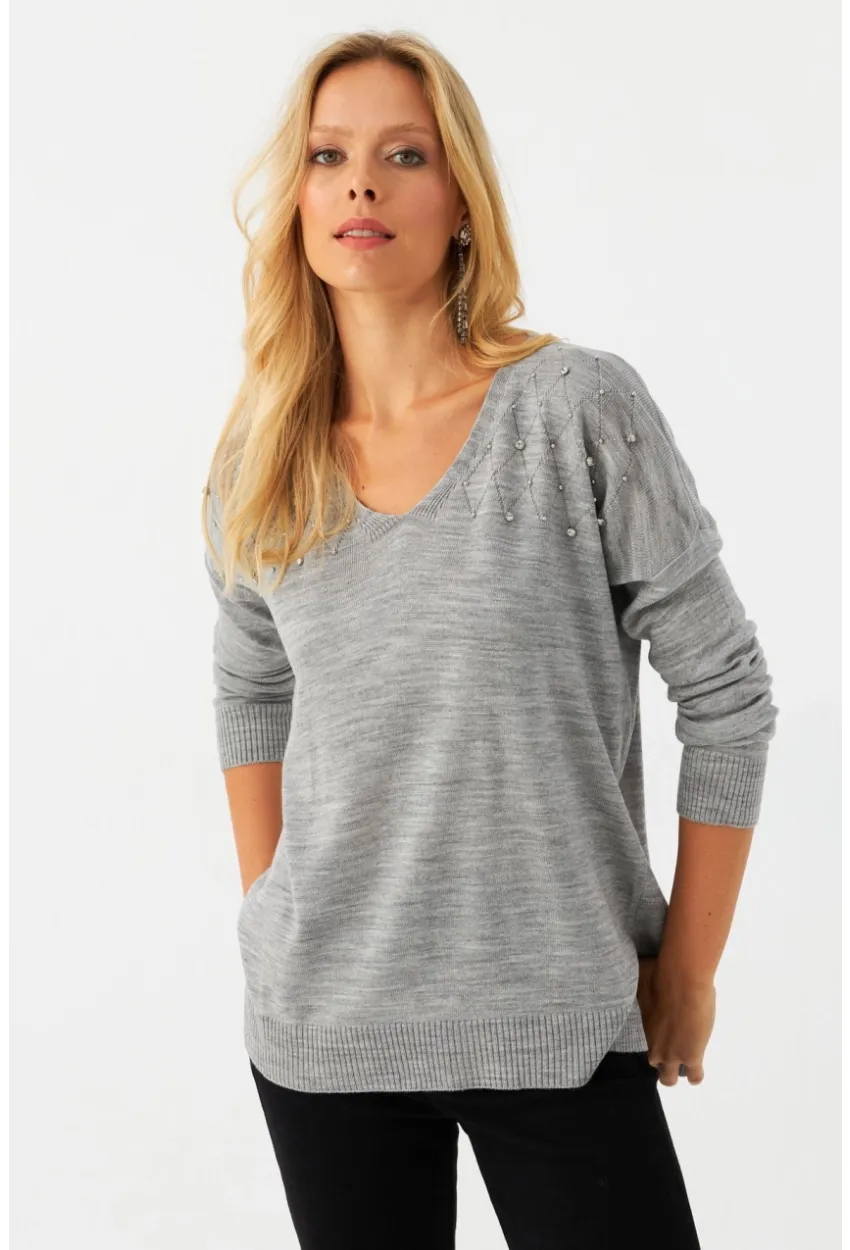 Kadın Açık Gri V Yaka Taşlı İnce Triko Bluz YİL002