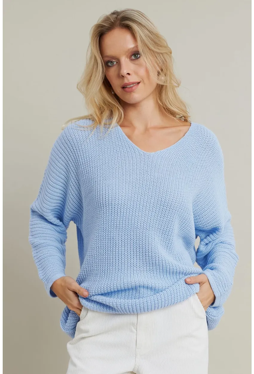Kadın Açık-Mavi V Yaka Salaş Triko Bluz SMT158