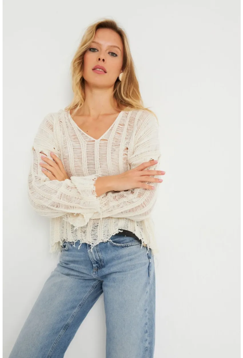 Kadın Ajurlu Triko Bluz Taş YZ618