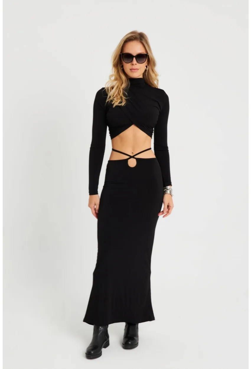 Kadın Alt Üst Büzgülü Crop Takım Siyah YEL86